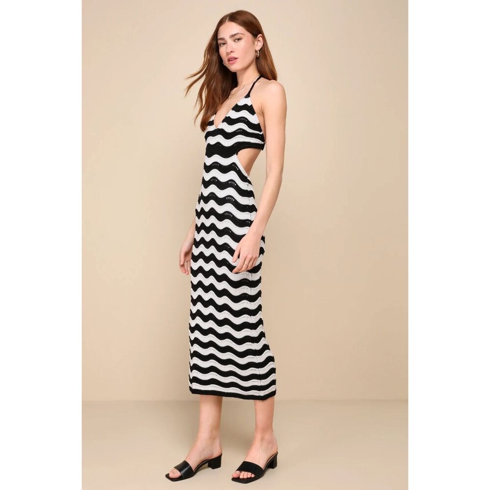 Seaside Afternoon Black and Ivory Striped Crochet Midi Dress Lulus size S